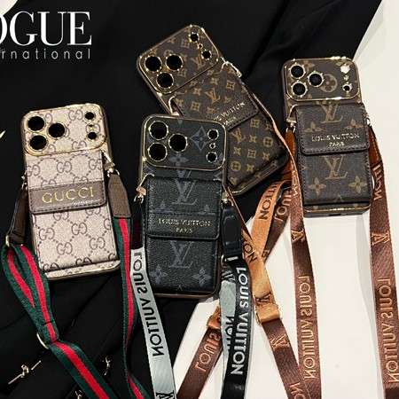 ショルダー付き LV ・GUCCI 縦型 iPhone 18promax/18ケース。じゃばら大容量カードケース搭載、斜めがけ OK。レザー調モノグラム柄。